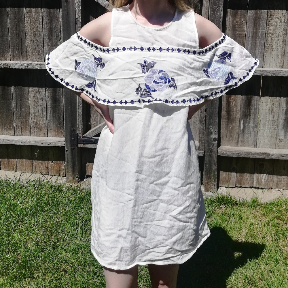 Loose Boho Cross-stitched Blue Rose Dress